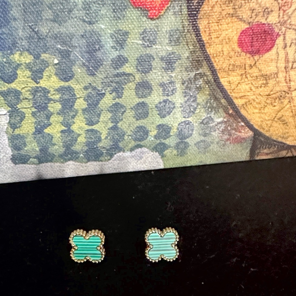 Gold and Green Clover Stud Earrings